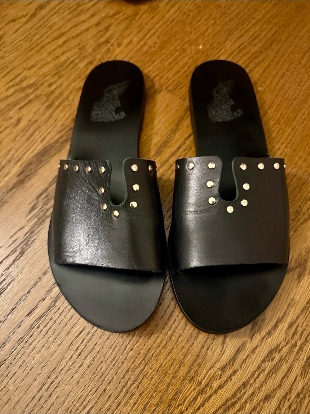 Ancient Greek Sandals ~ Kalomira Black Gold Studded Slide Sandals - Size 41